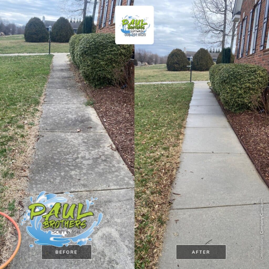 Concrete walkway before and after professional surface cleaning