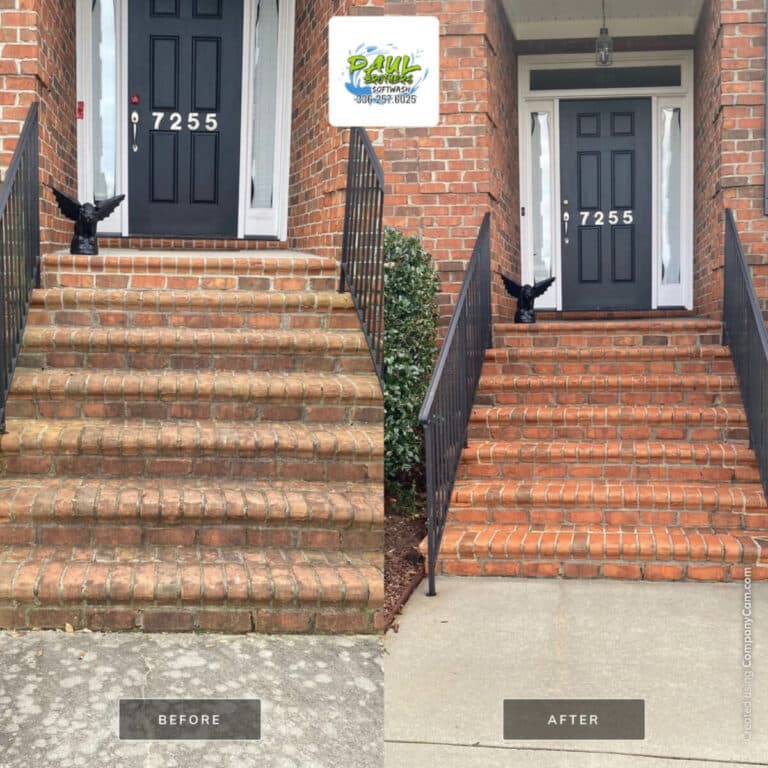 before and after pressure washing service for entrance brick stairs in asheboro north carolina