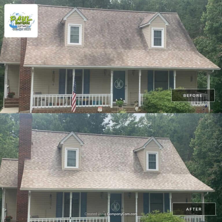 before and after professional roof cleaning service to house roof in trinity north carolina