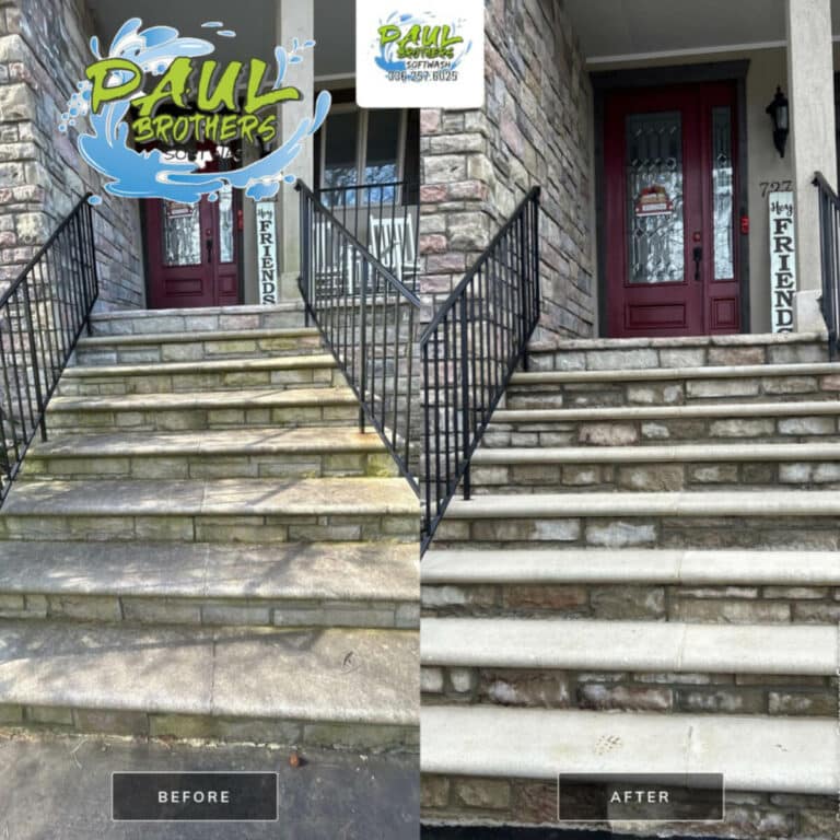 clean front door stairs and entrance after pressure washing service in residential area of trinity north carolina