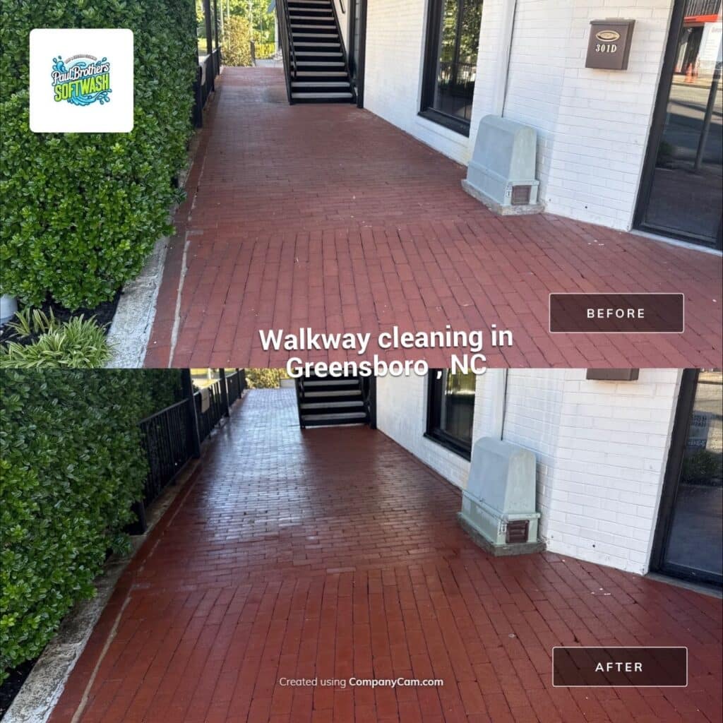 commercial sidewalk cleaning in Asheboro NC shopping center walkway before and after
