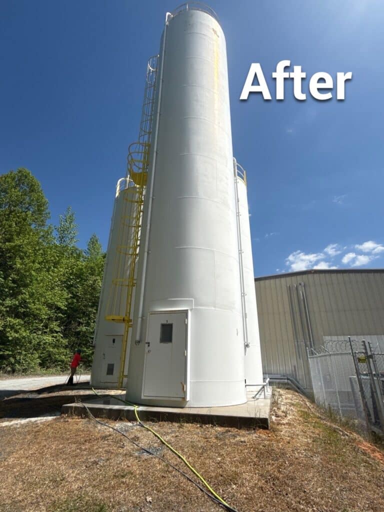 Clean commercial silo exterior after professional washing by Paul Brothers SoftWash
