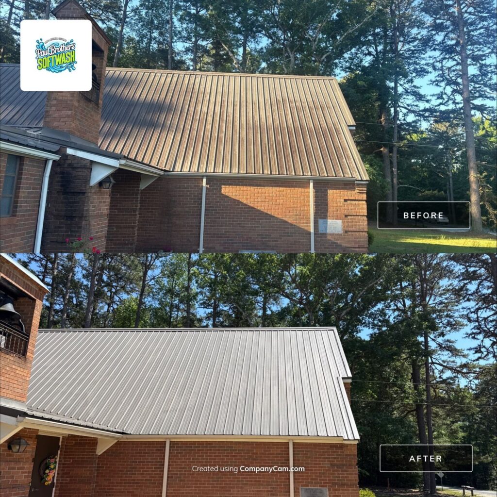 Church roof cleaning service removing black streaks and algae from a church roof in Asheboro NC