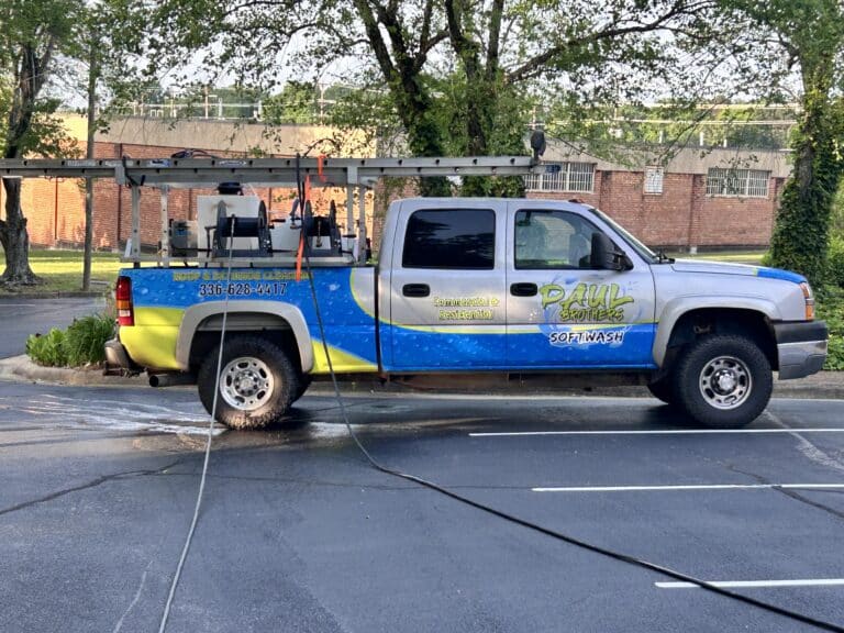 Soft washing vs pressure washing service truck from Paul Brothers Softwash in North Carolina