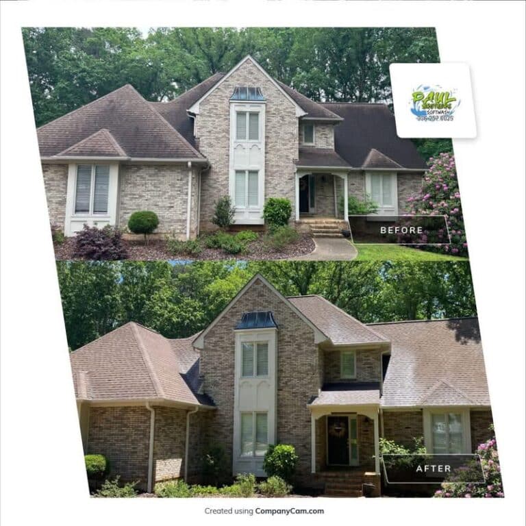 Technician performing roof cleaning on an asphalt shingle home in Oak Ridge NC using the softwashing method